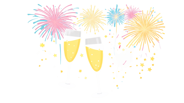 Two glasses of champagne with fireworks png