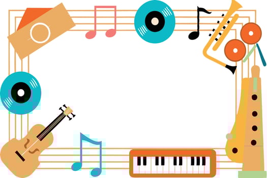 Musical Instruments Frame Records, Trumpet, Violin, Keyboard, Notes vector