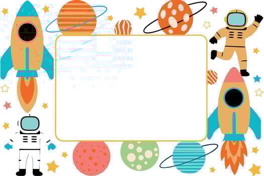Space Rockets, Astronauts, Planets, Stars Fun Kids Frame vector