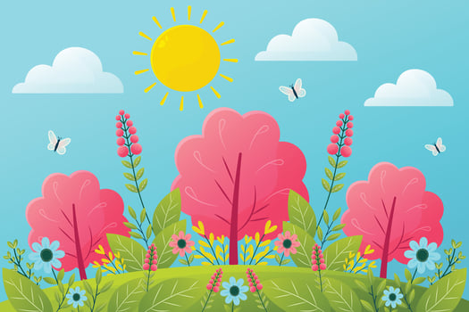 landscape of a blooming spring field on a sunny day flat illustration vector