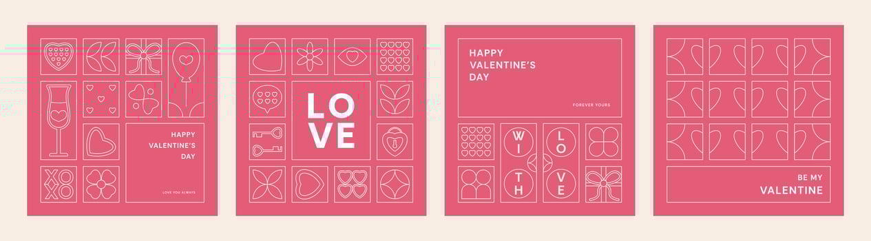 Valentine's Day geometric background in line style. Square minimalist Poster template with Modern pattern. Set of love card with simple icons in flat outline style. Trendy romantic banner cover, post vector