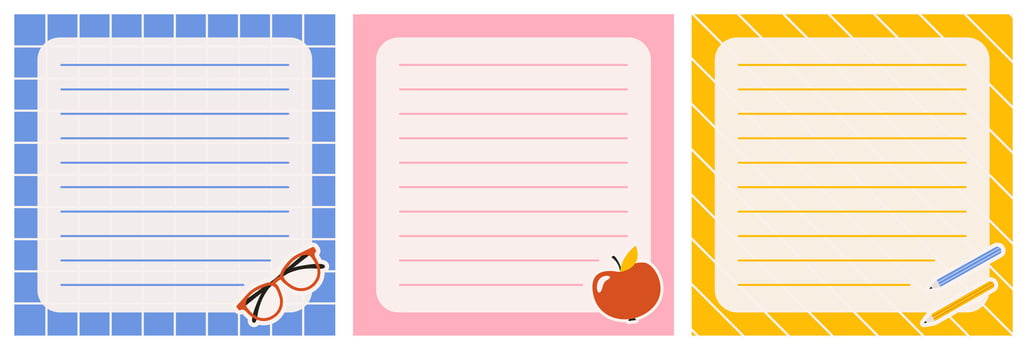 Templates for paper notes. Groovy cards for notes in blue, pink, and yellow colors. Paper sticky notes for reminders, memo messages, and planners. Back to school. Empty ripped pages for a message. vector