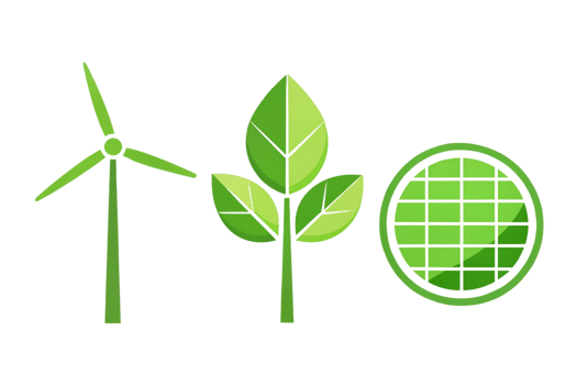 green energy icons showcasing a leaf, wind turbine, and solar panel, emphasizing eco conscious technology and innovation png