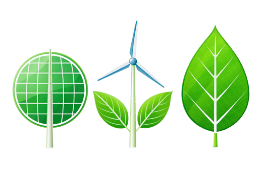 Minimalist icons combining a leaf, wind turbine, and solar grid, symbolizing renewable energy and sustainable development png