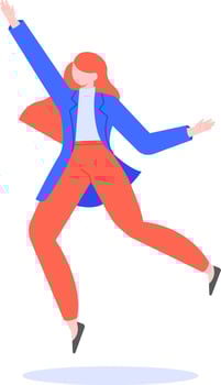 Businesswoman jumping joyfully to celebrate her success, arms raised high, embodying a dynamic and energetic spirit of achievement and triumph in a professional setting vector