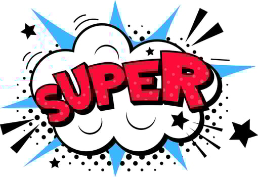 Super comic pop art expression exploding from a cloud with stars and halftone dots conveying strength and power, ideal for superhero themed projects vector