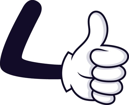 Cartoon hand giving thumbs up, expressing positivity, agreement, or approval, with white glove and dark sleeve, isolated on white background vector