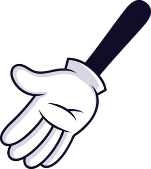 Cartoon hand wearing a white glove from the wrist down is reaching down, with fingers slightly spread apart, and arm extending upwards at an angle vector