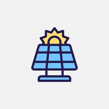 Solar panel with sun icon flat, free energy, ecology, renewable and green energy concept. Outline and filled colourful icon. vector