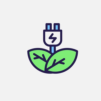 Eco plug and leaf icon flat, free energy, ecology, renewable and green energy concept. Outline and filled colourful icon. vector