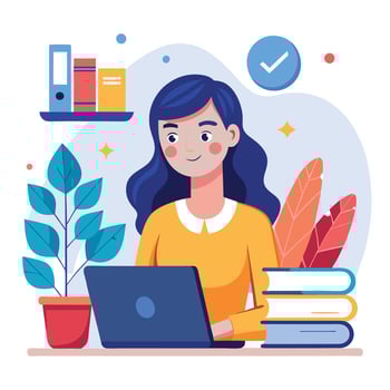 a woman is working on her laptop in front of books and plants vector