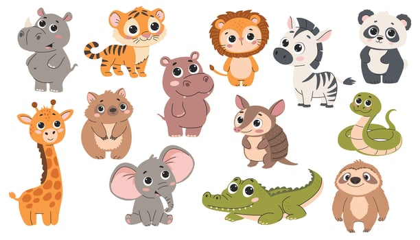 Set of cute cartoon animals isolated on white background. Lion, tiger, crocodile, panda, koala, snake, sloth, armadillo, rhinoceros, hippopotamus, giraffe, elephant, wombat. vector