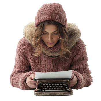 Writer focused on typewriter in cozy sweater and hat during winter indoor setting isolated on transparent background png