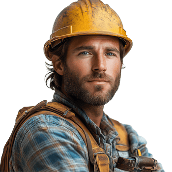 Skilled construction worker poses confidently at a job site wearing a hard hat and work attire isolated on transparent background png