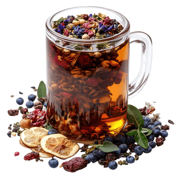 Herbal tea blend in glass mug with dried fruits and berries on a white background isolated on transparent background png