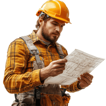 Construction worker reviewing plans at a job site during the day while wearing safety gear isolated on transparent background png