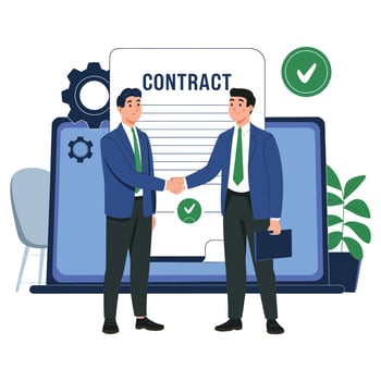 Businessmen shaking hands on a contract, signifying agreement. vector
