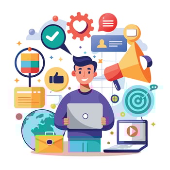a man is holding a laptop and surrounded by social media icons vector