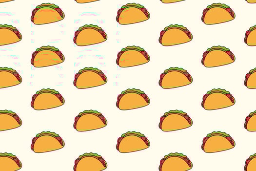 taco mexican tasty food colorful pattern on cream background. doodle taco with tomato, lettuce, meat object symbol seamless pattern background. funny taco food seamless pattern for decor, merchandise vector