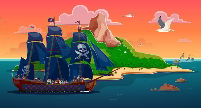 Cartoon pirates sail ship near the tropical island vector
