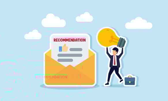 Businessman lifts a lit lamp and stands next to a recommendation letter, illustration of a recommendation for employees with great business ideas vector
