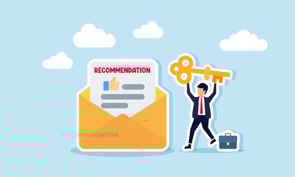 Businessman lifts a key and stands next to a recommendation letter, illustration of a recommendation for employees with strong business solution design skills vector
