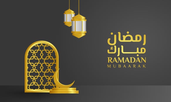 A luxurious Ramadan and Eid background with golden lanterns, crescent, and Arabic calligraphy on a dark backdrop. Perfect for Islamic festive celebrations vector
