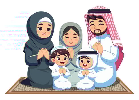 Muslim family, father, mother, and child dressed in traditional attire including hijab, kneeling together on prayer rugs vector