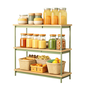 Fully stocked pantry shelves for storage. png