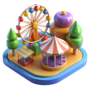 Colorful amusement park with Ferris wheel and carousel png
