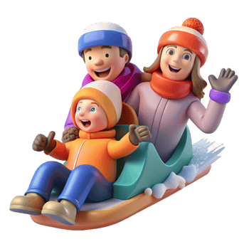 Happy family sledding down snowy hill png
