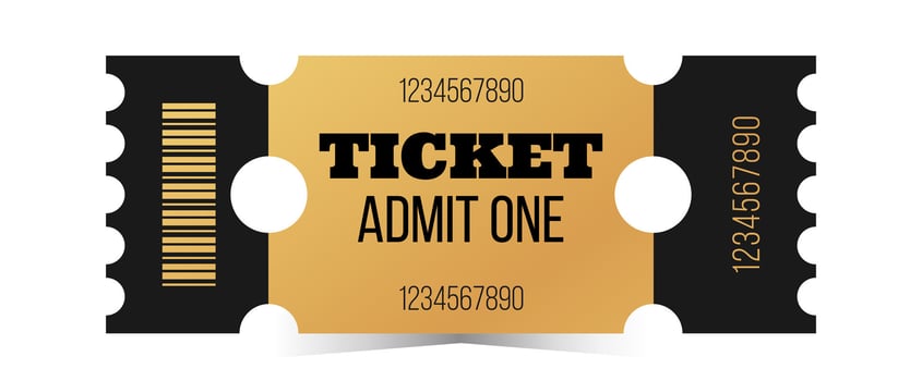 Golden ticket template design. Cinema, theater, casino, concert, film, festival gold design. Metal gradient coupon, admit one, barcode. illustration on white background vector