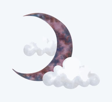 Celestial element of crescent moon with cloud. Illustration with watercolor and marker. Isolated hand drawn art with sky elements. Clipart cartoon children's sketch for clothes, baby room, cards. vector