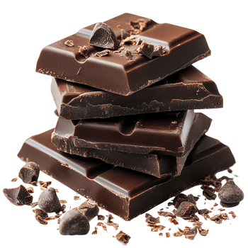 Dark chocolate blocks stacked with chocolate chips scattered around for a sweet dessert option isolated on transparent background png