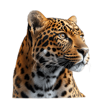 Majestic leopard gazing serenely with striking features and vivid coat isolated on transparent background png