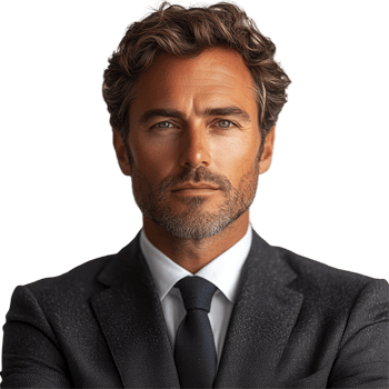 Confident businessman with stylish hair in a dark suit poses for a professional portrait, showcasing leadership qualities and charm isolated on transparent background png