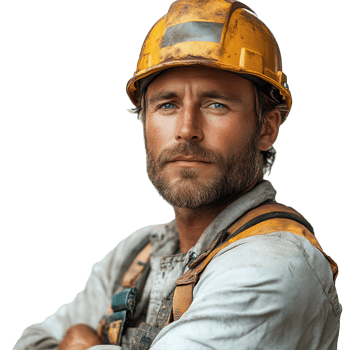 Construction worker wearing a hard hat poses confidently on a job site with a serious expression during daylight hours isolated on transparent background png