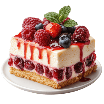 Delicious dessert topped with mixed berries served on a white plate isolated on transparent background png
