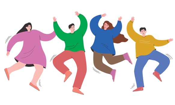 A group of dancing cheerful people. Young boys and girls are actively moving, rejoicing, jumping. vector