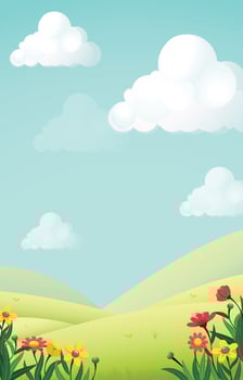 Beautiful landscape with flowers and clouds in the sky, vector