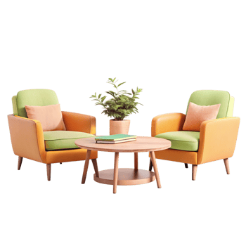 Modern coffee table with stylish chairs in 3D png