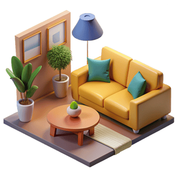 Stylish living room with modern furniture in 3D png