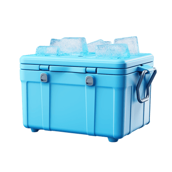 Blue plastic ice chest filled with ice cubes for outdoor adventures, png