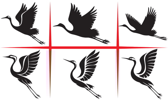 soaring crane silhouette set vector
