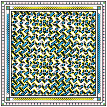 A dynamic blue and yellow geometric pattern showcasing an intricate arrangement of shapes and lines. vector