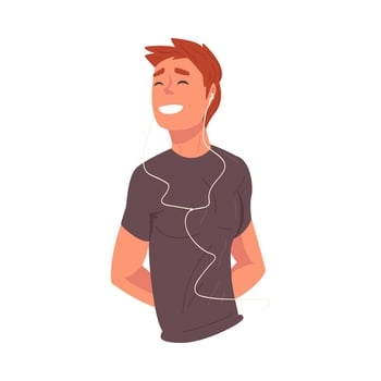 Smiling Guy Wearing Earphones Listening to Music, Happy Boy Using Smartphone or Audio Player Illustration vector