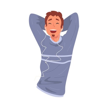 Guy Wearing Earphones Listening to Music, Happy Boy Using Smartphone or Audio Player Illustration vector