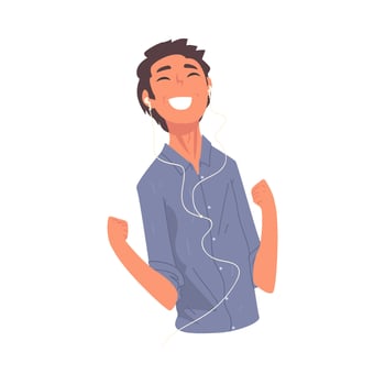 Smiling Guy Listening to Music Wearing Earphones, Happy Boy Using Smartphone or Audio Player Illustration vector