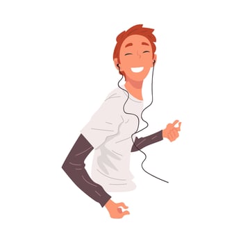 Teenager Boy Wearing Earphones Listening to Music and Dancing, Happy Boy Using Smartphone or Audio Player Illustration vector