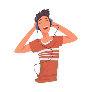 Teenager Boy Listening to Music with Headhones, Guy Using Smartphone or Audio Player Illustration vector